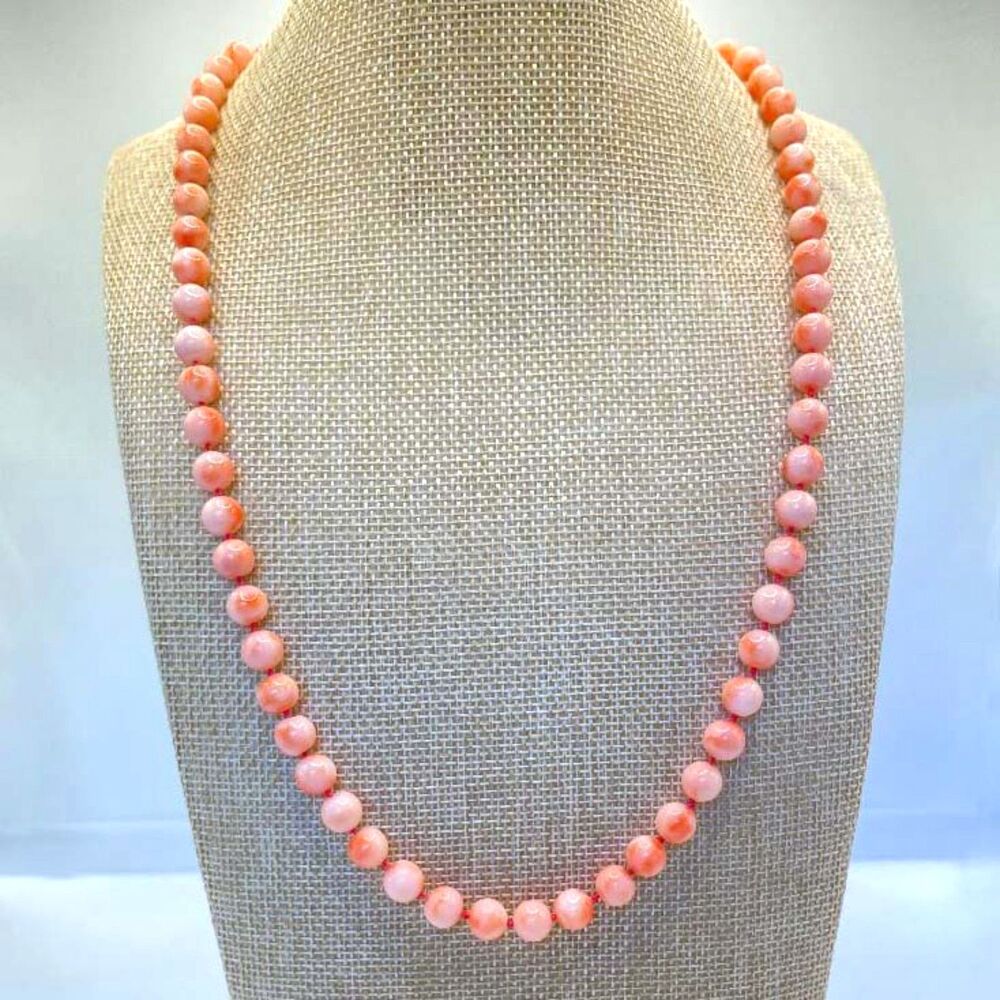 Vintage Mid-Century Angel Skin Coral Bead Necklace w/Gold-Tone Clasp